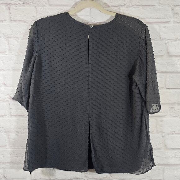 M Beyond Vintage Gray Women's Silk Top Size M Swiss Dot Sheer Sleeves Slit Back - Picture 6 of 11